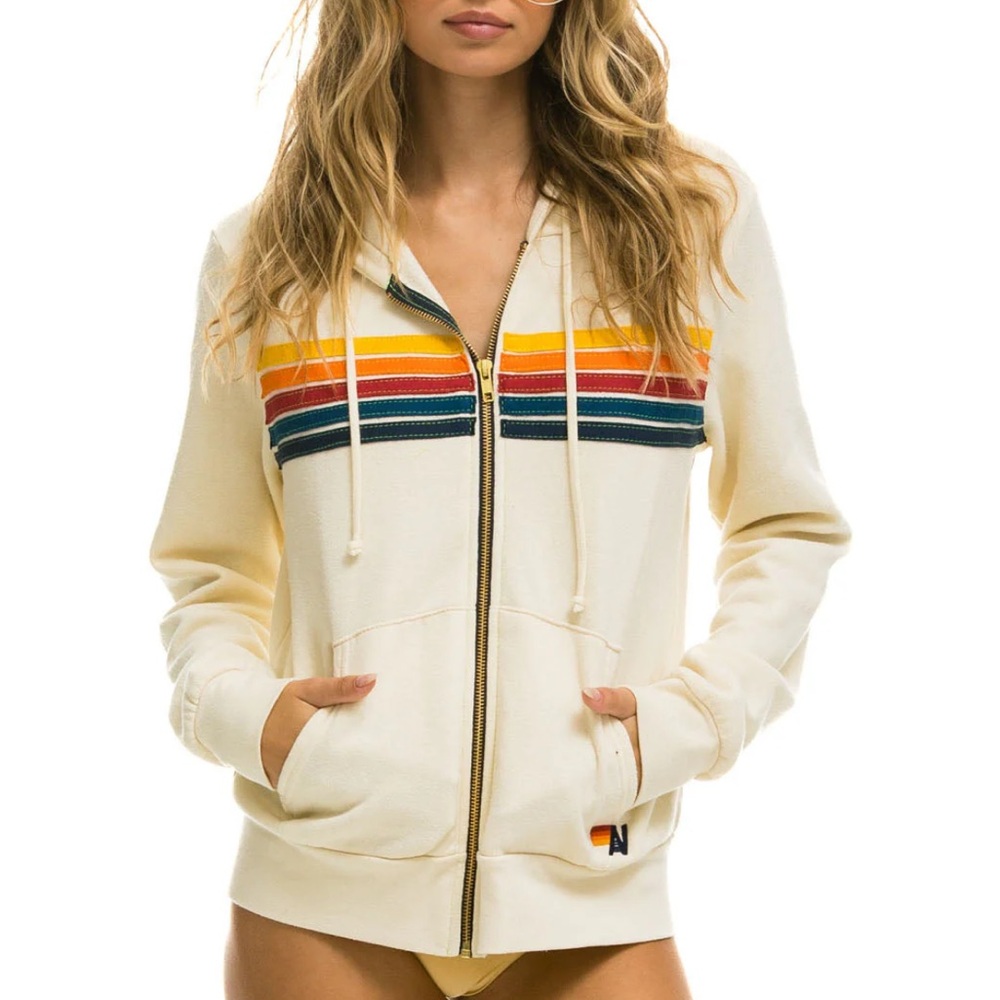 Aviator Nation Cream Hoodie with Rainbow Stripes